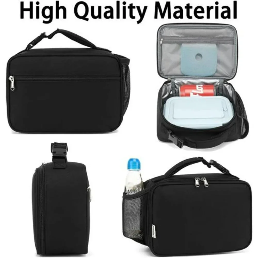 Black Insulated Lunch Box Bag for Kids Adults School Work Picnic Travel Cooler